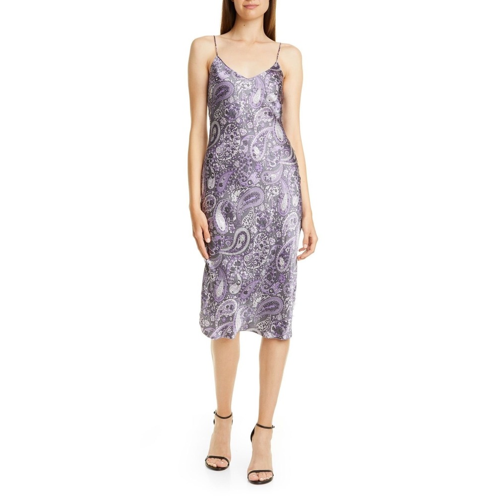 Nili Lotan Purple Paisley 100% Silk Cami Gown Slip Dress Frayed‎ Hem Size L